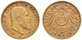 Reichsgoldmünzen
Württemberg
Wilhelm II. 1891-1918. 10 Mark 1898 F. J. 295.
sehr schön-vorzüglich