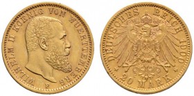 Reichsgoldmünzen
Württemberg
Wilhelm II. 1891-1918. 20 Mark 1900 F. J. 296.
minimaler Randfehler, sehr schön-vorzüglich