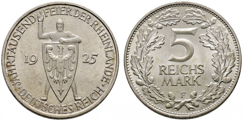 Weimarer Republik
5 Reichsmark 1925 F. Rheinlande. J. 322.
leichte Tönung, vor...