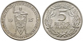 Weimarer Republik
5 Reichsmark 1925 F. Rheinlande. J. 322.
leichte Tönung, vorzüglich-Stempelglanz
