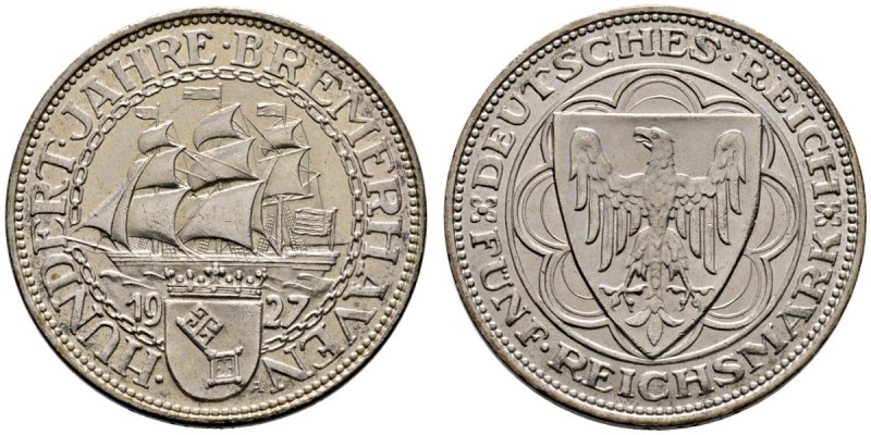 Weimarer Republik
5 Reichsmark 1927 A. Bremerhaven. J. 326.
vorzüglich/vorzügl...