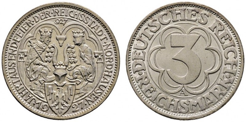 Weimarer Republik
3 Reichsmark 1927 A. Nordhausen. J. 327.
vorzüglich-prägefri...