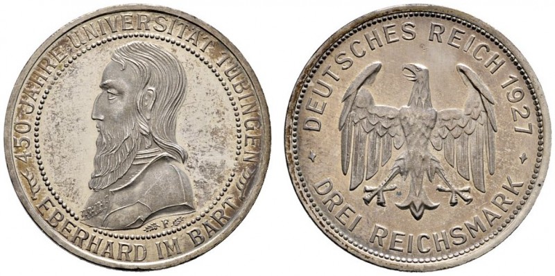 Weimarer Republik
3 Reichsmark 1927 F. Uni Tübingen. J. 328.
leichte Tönung, m...