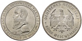 Weimarer Republik
5 Reichsmark 1927 F. Uni Tübingen. J. 329.
vorzüglich-Stempelglanz