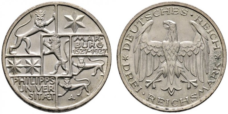 Weimarer Republik
3 Reichsmark 1927 A. Uni Marburg. J. 330.
vorzüglich-prägefr...