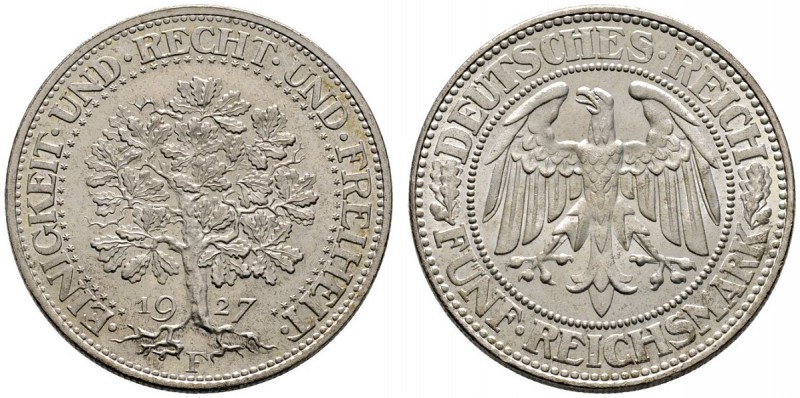 Weimarer Republik
5 Reichsmark 1927 F. Eichbaum. J. 331.
vorzüglich-Stempelgla...