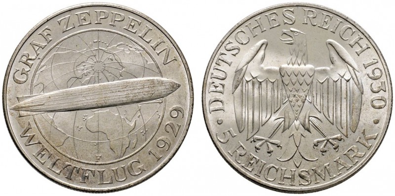 Weimarer Republik
5 Reichsmark 1930 F. Zeppelin. J. 343.
Prachtexemplar, fast ...