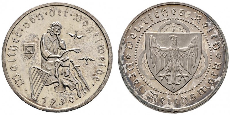 Weimarer Republik
3 Reichsmark 1930 F. Vogelweide. J. 344.
feine Tönung, winzi...