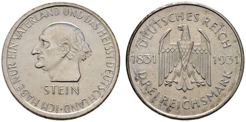 Weimarer Republik
3 Reichsmark 1931 A. Stein. J. 348.
winzige Kratzer, vorzügl...