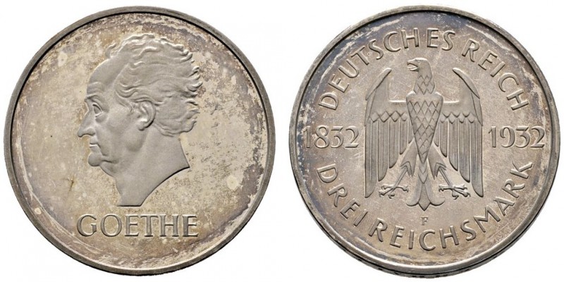 Weimarer Republik
3 Reichsmark 1932 F. Goethe. J. 350.
Prachtexemplar mit leic...