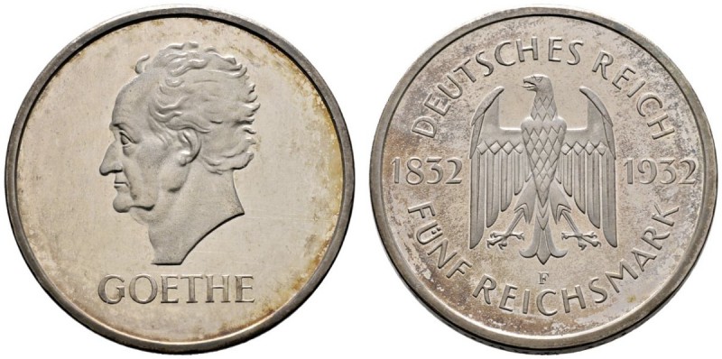 Weimarer Republik
5 Reichsmark 1932 F. Goethe. J. 351.
winzige Haarlinien auf ...