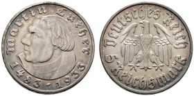 Drittes Reich
5 Reichsmark 1933 F. Luther. J. 353.
feine Patina, vorzüglich-Stempelglanz