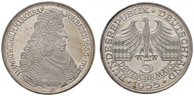 Bundesrepublik Deutschland
5 Deutsche Mark 1955 G. Markgraf von Baden. J. 390.
fein zaponiert, Polierte Platte-minimal berieben
Aus Sammlung Dr. Lu...