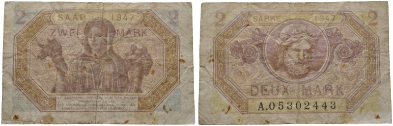 Saarland
Banknote zu 2 Mark (Saarmark, Deux Mark) 1947. Serie A. 8-stellige Ken...
