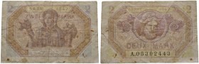 Saarland
Banknote zu 2 Mark (Saarmark, Deux Mark) 1947. Serie A. 8-stellige Kenn-Nummer. Klassischer bärtiger Männerkopf / Weibliche Allegorie mit Fr...