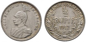 Nebengebiete
Deutsch-Ostafrika
1/2 Rupie 1912 J. J. 721.
besseres Jahr, gutes sehr schön