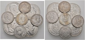 Lots
29 Stücke: Silbermünzen zu 2, 3 und 5 Mark. ANHALT, 3 Mark 1909; BADEN, 2 Mark 1876, 5 Mark 1876, 2 Mark 1901, 5 Mark 1902, 1903 und 1907; BAYER...