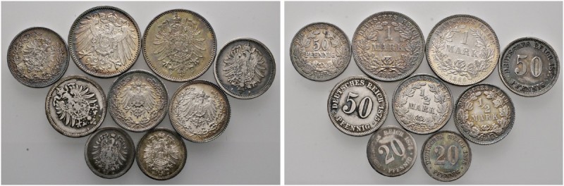 Lots
9 Stücke: KAISERREICH-Kleinmünzen. 20 Pfennig 1874 und 1875 F, 50 Pfennig ...