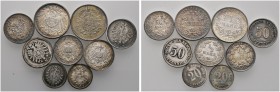 Lots
9 Stücke: KAISERREICH-Kleinmünzen. 20 Pfennig 1874 und 1875 F, 50 Pfennig 1875 A und 1877 F (2 Varianten), 1/2 Mark 1913 und 1916 F sowie 1 Mark...