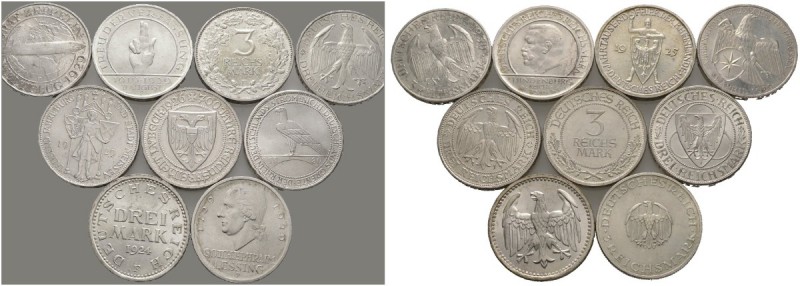 Lots
9 Stücke: WEIMARER REPUBLIK. Gedenkmünzen zu 3 Reichsmark 1925 F Rheinland...