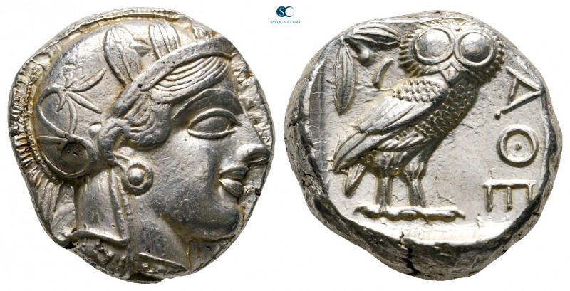 Attica. Athens circa 454-404 BC. 
Tetradrachm AR

23 mm, 17,21 g

Head of A...