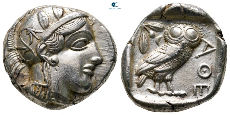 Attica. Athens 454-404 BC. 
Tetradrachm AR

26 mm, 17,19 g

Head of Athena ...