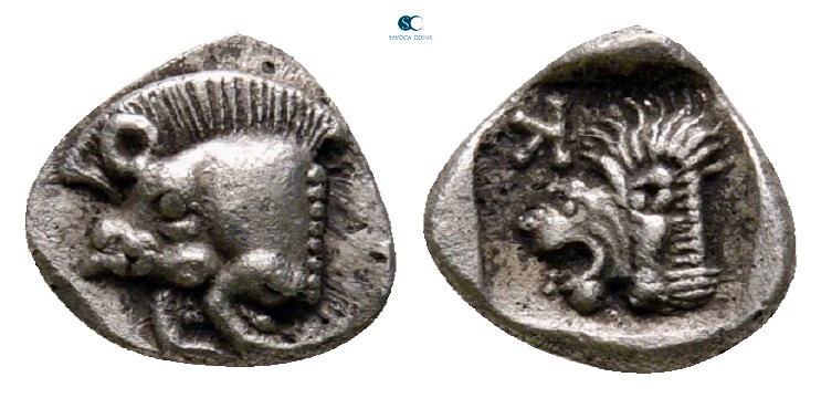 Mysia. Kyzikos circa 525-475 BC. 
Hemiobol AR

7 mm, 0,39 g

Forepart of bo...