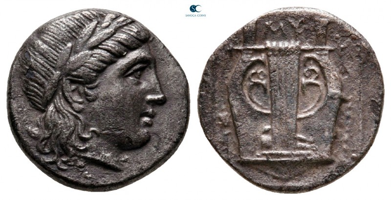 Lesbos. Mytilene circa 350-250 BC. 
Hemidrachm AR

14 mm, 2,47 g

Laureate ...