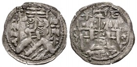Reino de Castilla y León. Alfonso VIII (1158-1214). Dinero. ¿Ciudad Rodrigo? ¿Salamanca?. (Bautista-316). (Abm-198). Ve. 0,75 g. Estrella y E sobre el...