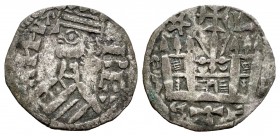 Reino de Castilla y León. Alfonso VIII (1158-1214). Dinero. ¿León o Logroño?. (Bautista-318). Ve. 0,79 g. Roel estrellado y L sobre el castillo. Muy e...