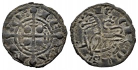 Reino de Castilla y León. Fernando III (1217-1252). Dinero. Coruña. (Bautista-328.2). Ve. 0,86 g. La O de MONETA entre tres roeles a cada lado. Escasa...