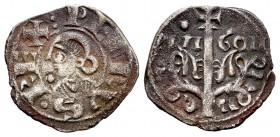 Corona de Aragón. Pedro el de Huesca (1094-1104). Dinero. Jaca (Huesca). (Cru-213.2 variante puntuación). Anv.: PETRVS REX. Efigie a izquierda, delant...
