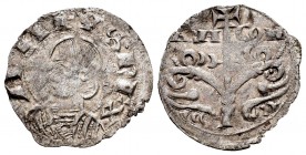 Corona de Aragón. Alfonso el Batallador (1104-1134). Dinero. Aragón. (Cru-217). Anv.: Efigie a izquierda cortando la leyenda por abajo. Rev.: ARA-GON ...