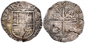 Felipe II (1556-1598). 4 reales. Sevilla. (Cal-576). Ag. 13,69 g. Flor de lis entre escudo y corona. Ensayador d cuadrada en el 4º cuartel del reverso...