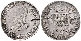 Felipe II (1556-1598). 1 escudo felipe. 1575. Amberes. (Vanhoudt-298 AN). (Vti-1202). Ag. 33,97 g. Golpe y roce en anverso. Plata agria. MBC-. Est...1...