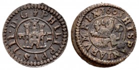 Felipe III (1598-1621). 2 maravedís. 1603. Segovia. (Cal-185). (Jarabo-Sanahuja-D261). Ae. 1,64 g. MBC+. Est...20,00. /// ENGLISH: Philip III (1598-16...