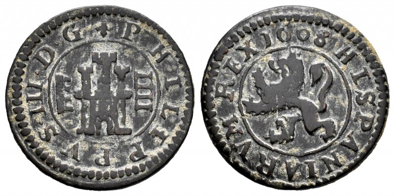 Felipe III (1598-1621). 4 maravedís. 1608. Segovia. Ae. 2,87 g. Fecha escasa. MB...
