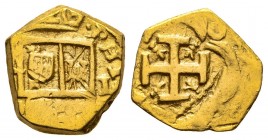 Felipe III (1598-1621). 1 escudo. Fecha y marca de ceca fuera de cospel. ¿Madrid?. (Cal-1012 similar). (Tauler-58 similar). Au. 3,32 g. Muy rara. MBC....