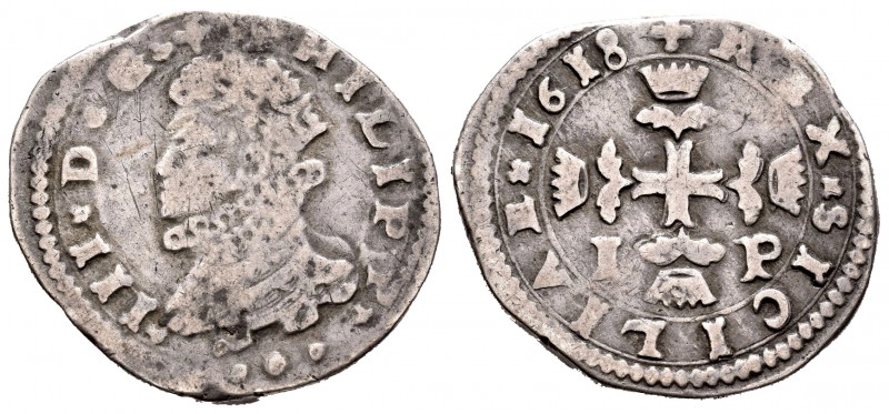 Felipe III (1598-1621). 3 taris. 1618. Messina. IP. (Vti-120). Ag. 7,59 g. MBC-....