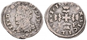 Felipe III (1598-1621). 3 taris. 1618. Messina. IP. (Vti-120). Ag. 7,59 g. MBC-. Est...40,00. /// ENGLISH: Philip III (1598-1621). 3 taris. 1618. Mess...