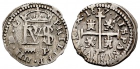 Felipe IV (1621-1665). 1/2 real. 1627. Segovia. P. (Cal 2019-621). Ag. 1,20 g. Acueducto de tres arcos. Rara. MBC-/MBC. Est...100,00. /// ENGLISH: Phi...