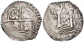 Felipe IV (1621-1665). 8 reales. 1654. Potosí. E. (Cal-1506). Ag. 26,75 g. Triple fecha, dos de ellas parcialmente visibles y triple ensayador. MBC-. ...