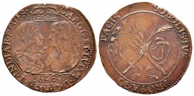 Carlos II (1665-1700). Jetón. 1680. Amberes. (Dugn-4430). Ae. 6,67 g. Boda de Carlos II y María Luisa de Orleans. MBC+. Est...80,00. /// ENGLISH: Char...