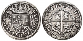 Luis I (1724). 2 reales. 1724. Sevilla. J. (Cal-29). Ag. 5,43 g. Leyenda LUDOUICUS. Escasa. MBC+/MBC. Est...150,00. /// ENGLISH: Louis I (1724). 2 rea...