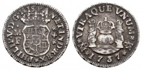 Felipe V (1700-1746). 1/2 real. 1737. México. MF. (Cal-259). Ag. 1,59 g. MBC-/MBC. Est...35,00. /// ENGLISH: Philip V (1700-1746). 1/2 real. 1737. Méx...