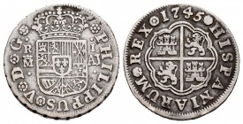 Felipe V (1700-1746). 1 real. 1745. Madrid. AJ. (Cal-463). Ag. 2,78 g. MBC. Est...35,00. /// ENGLISH: Philip V (1700-1746). 1 real. 1745. Madrid. AJ. ...