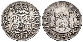 Felipe V (1700-1746). 2 reales. 1742. México. M. (Cal-826). Ag. 6,67 g. Primer año con el ensayador en reverso. MBC-. Est...45,00. /// ENGLISH: Philip...