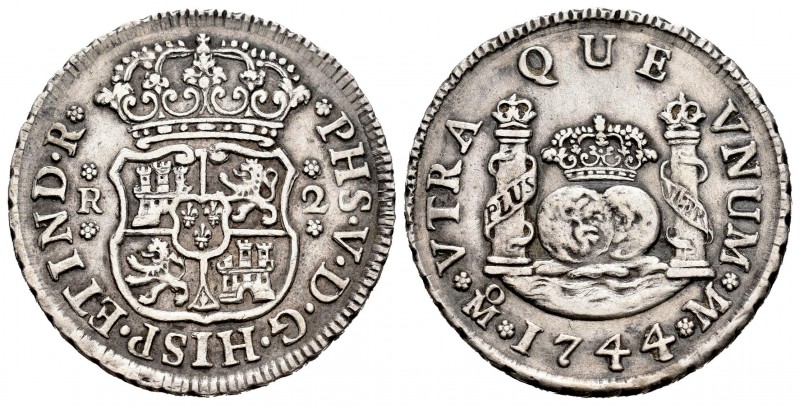 Felipe V (1700-1746). 2 reales. 1744/3. México. M. (Cal-830). Ag. 6,64 g. Sibref...