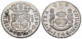 Felipe V (1700-1746). 2 reales. 1744. México. M. (Cal-831). Ag. 6,67 g. MBC+. Est...150,00. /// ENGLISH: Philip V (1700-1746). 2 reales. 1744. México....