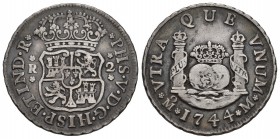 Felipe V (1700-1746). 2 reales. 1744. México. M. (Cal-831). Ag. 6,57 g. Tono. MBC. Est...75,00. /// ENGLISH: Philip V (1700-1746). 2 reales. 1744. Méx...